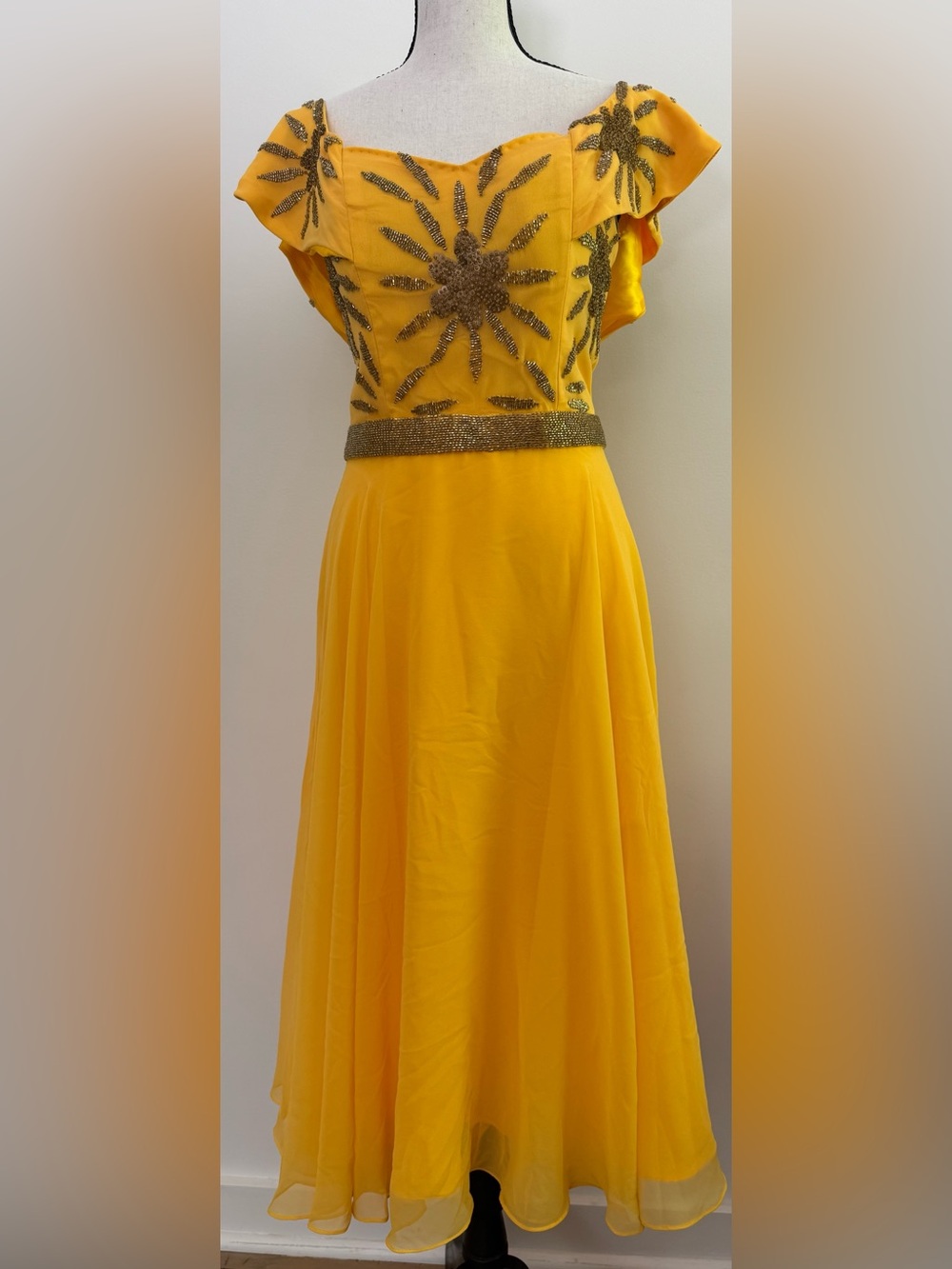 Golden Yellow Beaded Midi Dress | Wedding Guest | US 4-6 | Virgos Lounge
